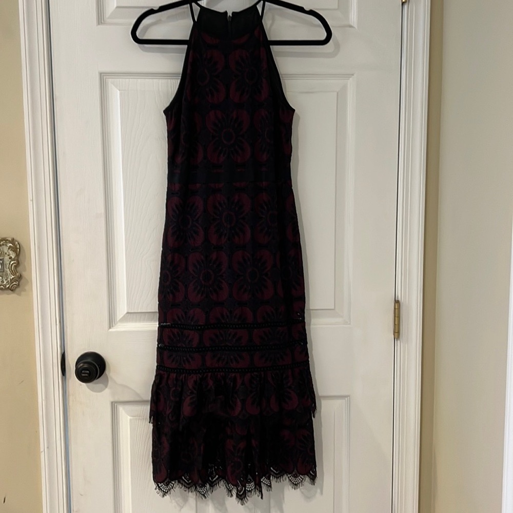 New Banana Republic black and mauve lace tiered midi cocktail dress, 0p